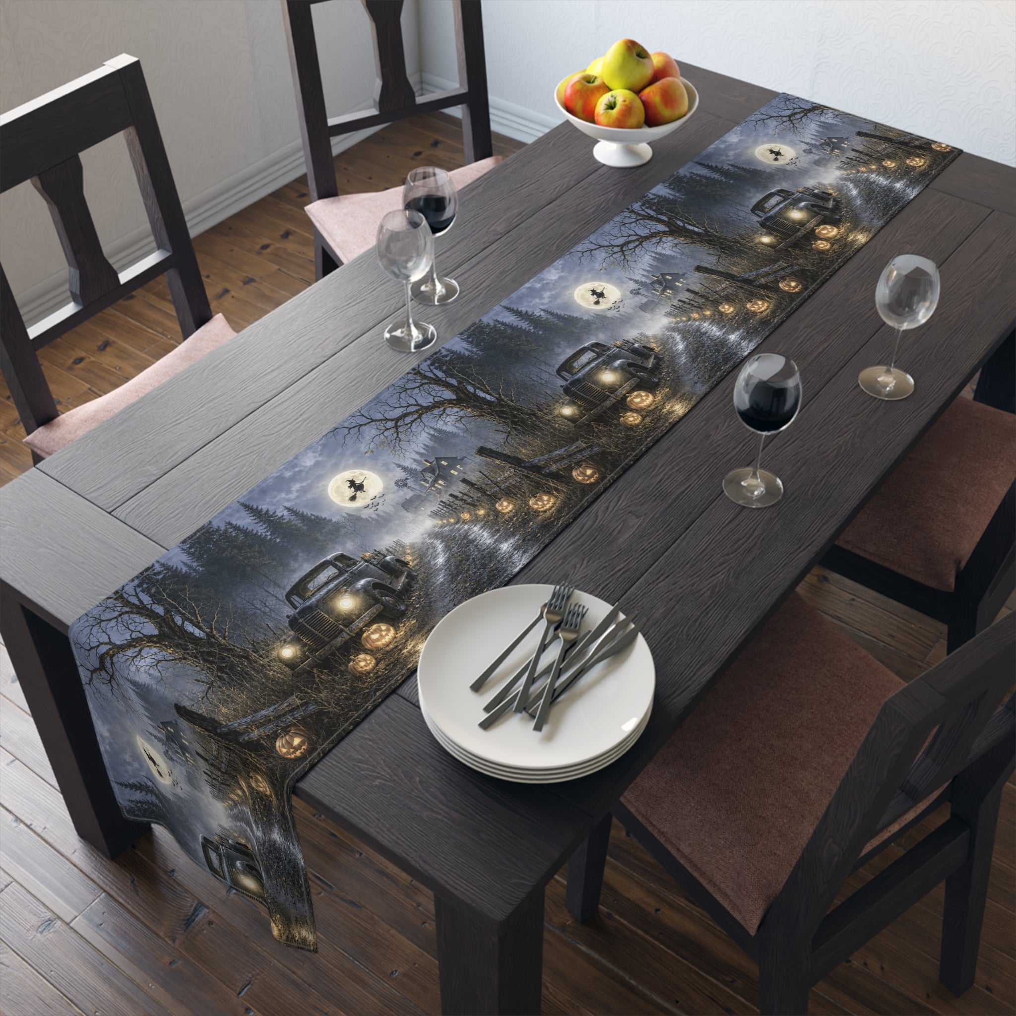 Spooky Truck Halloween Table Runner | Pumpkin Lined Road, Full Moon