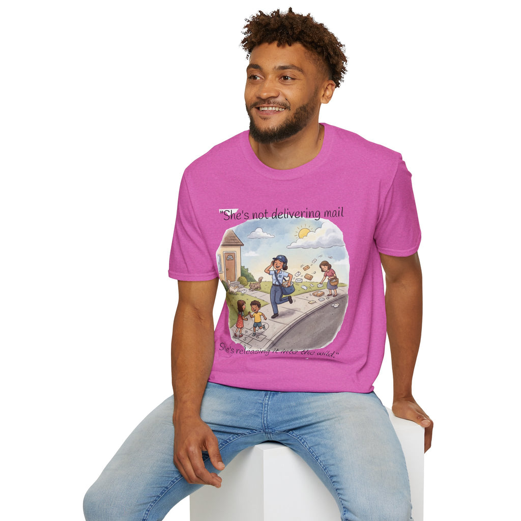 T‑Shirt – "She’s not delivering mail, she’s delivering a little wind" Cute Postal Worker Illustration Tee