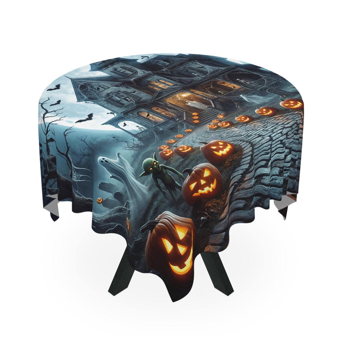 Haunted House Halloween Tablecloth | Moonlit Jack-O'-Lanterns & Drifting Ghosts