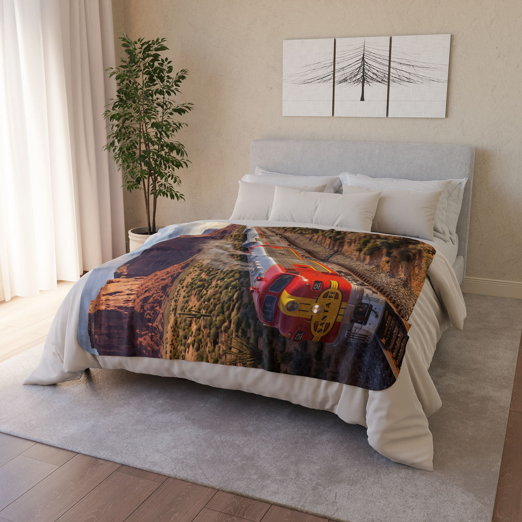 Classic Red Locomotive Fleece Sherpa Blanket | Desert Canyon Train Scene