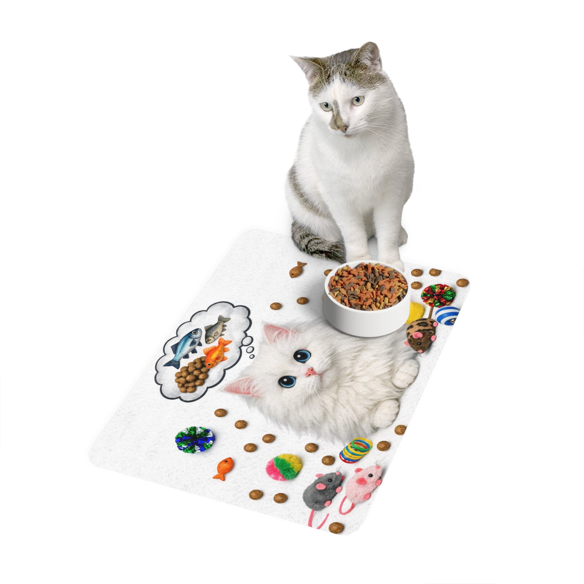 White Cat with Toys Pet Food Mat | 12x18 Cat Feeding Mat