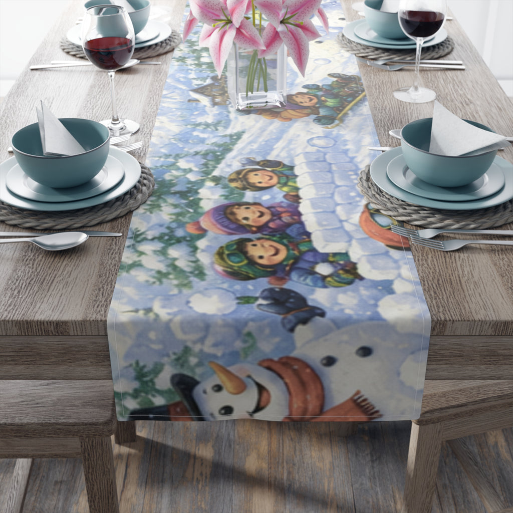 Snowball Fight Snowman Scene Table Runner | Cotton Poly