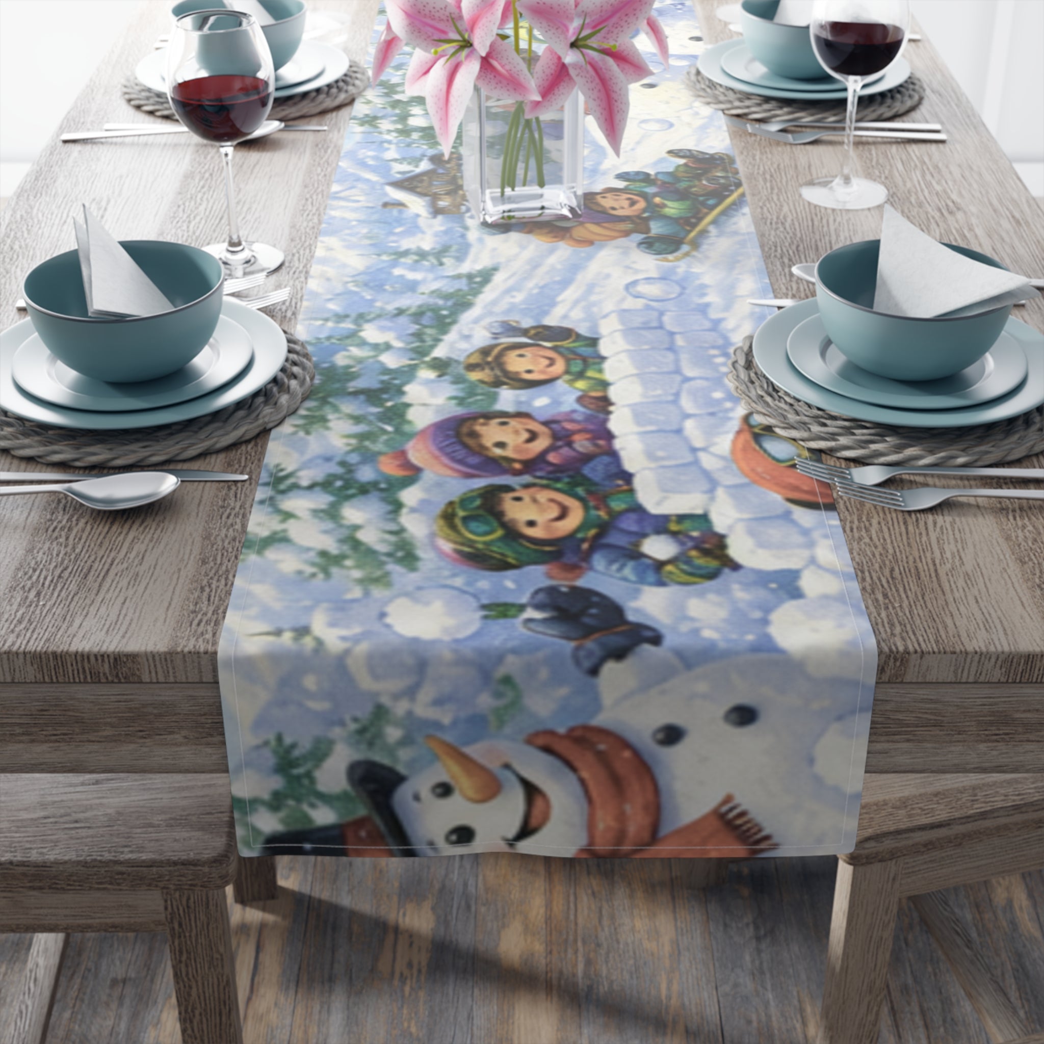 Snowball Fight Snowman Scene Table Runner | Cotton Poly