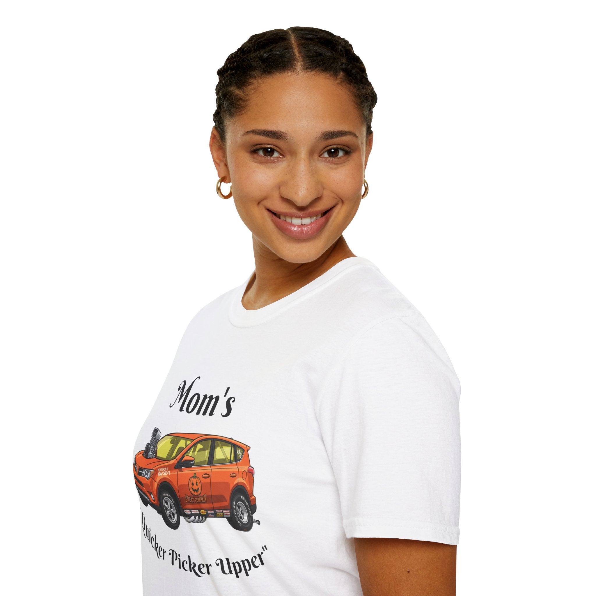 Car Enthusiast T-Shirt — Orange Hot Rod SUV Graphic with “Quicker Picker Upper”