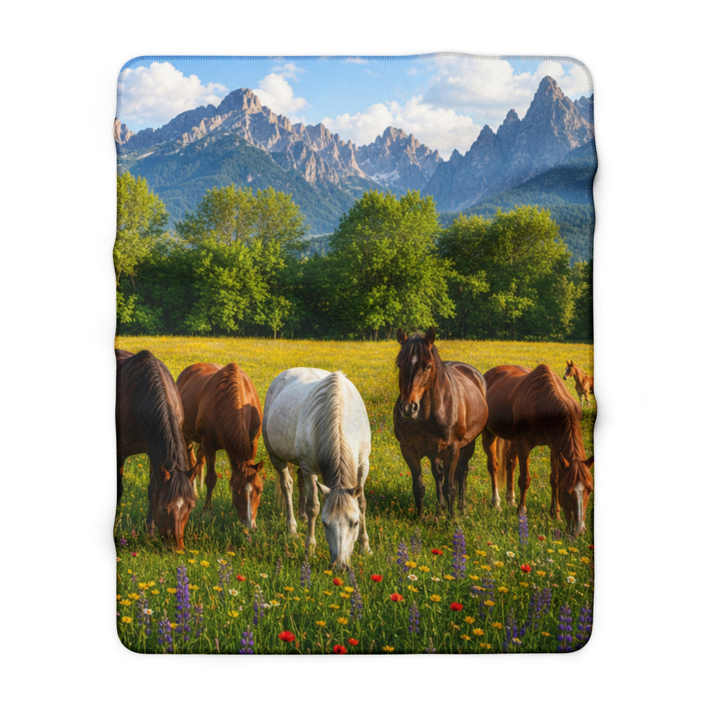 Sherpa Fleece Blanket Horses in Wildflower Meadow | Mountain Pasture Scene
