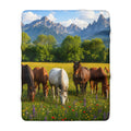 Sherpa Fleece Blanket Horses in Wildflower Meadow | Mountain Pasture Scene