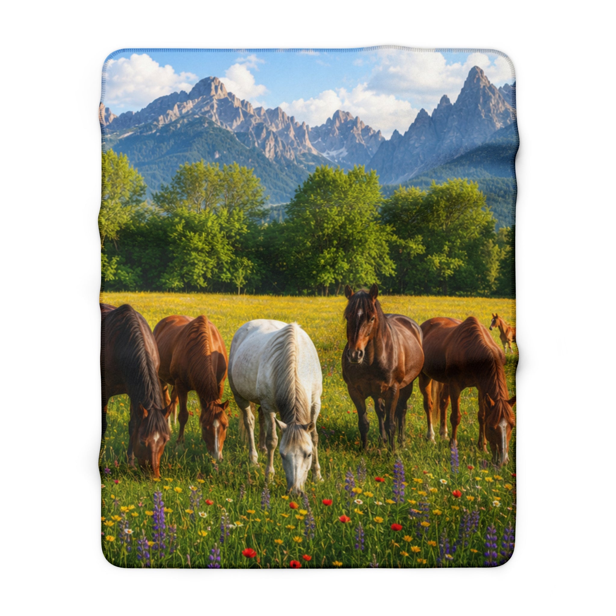 Sherpa Fleece Blanket Horses in Wildflower Meadow | Mountain Pasture Scene