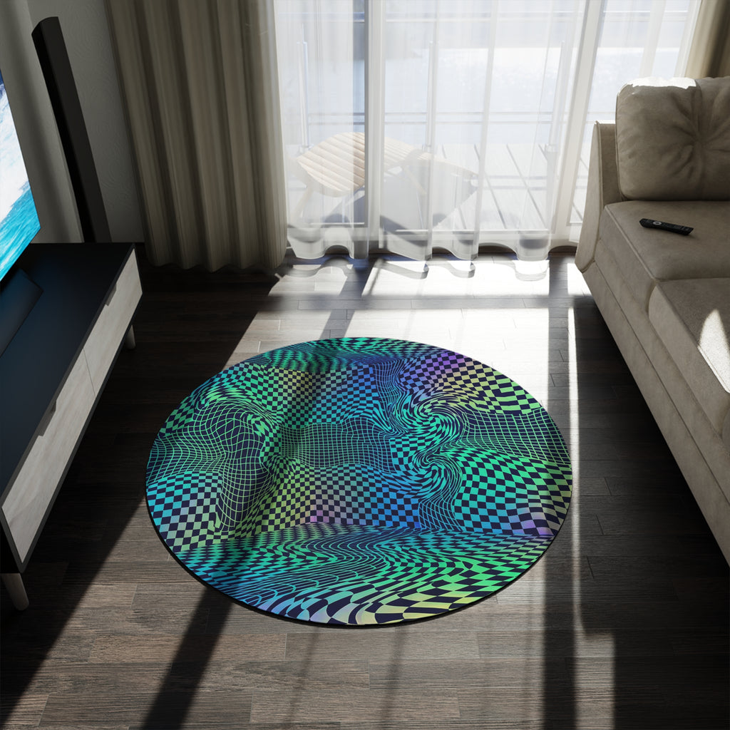 Psychedelic Checkered Warp Round Rug | Optical Illusion Floor Mat