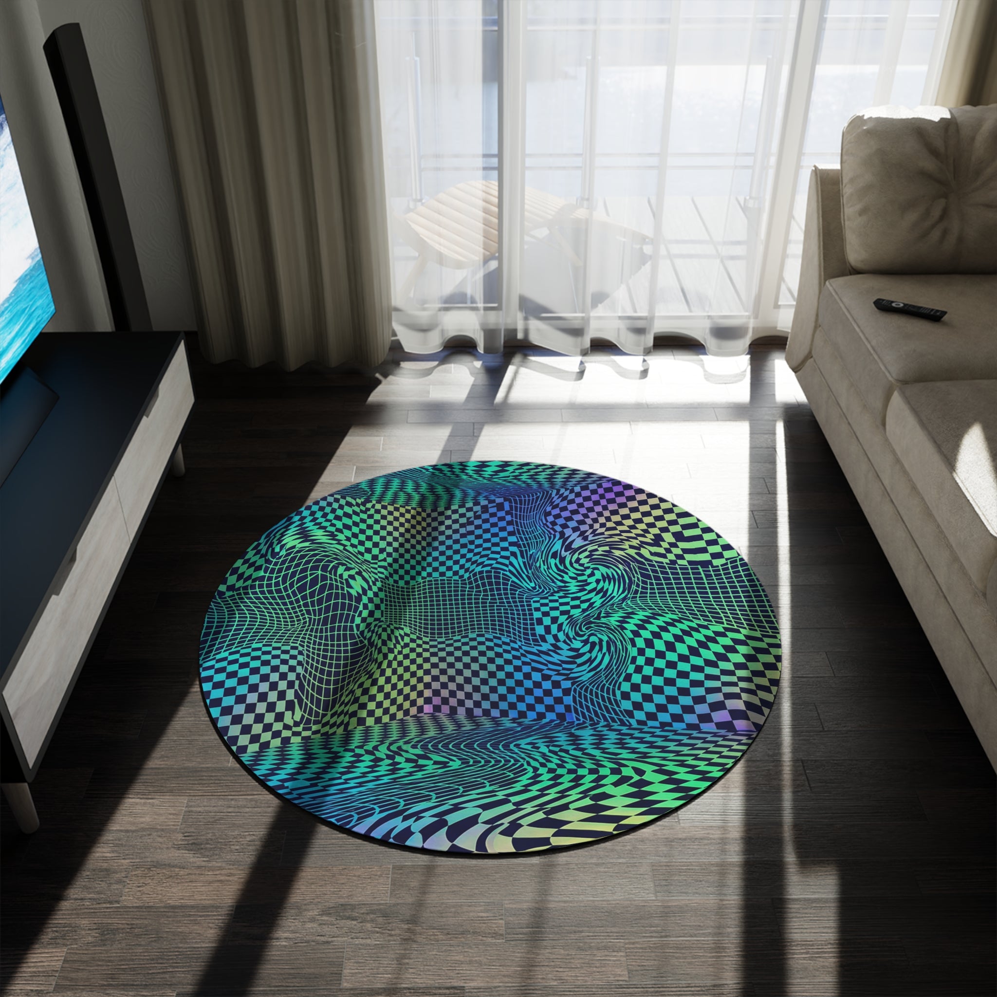 Psychedelic Checkered Warp Round Rug | Optical Illusion Floor Mat