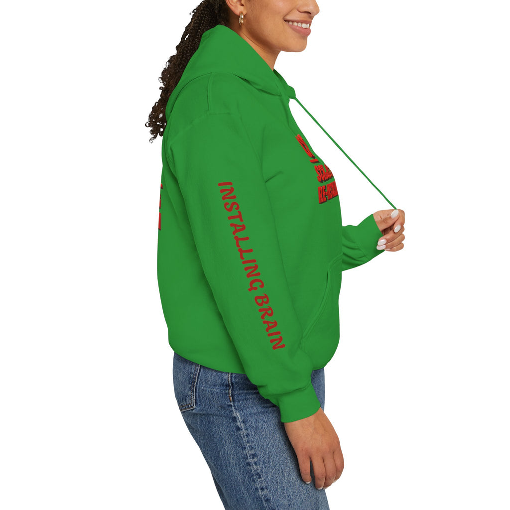 Hoodie — "CAUTION: Schools Starting, Re-Installing Brain" Back-to-School Graphic Hoodie