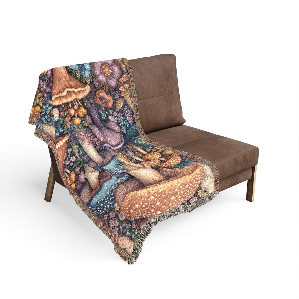 Mushroom Meadow Woven Blanket - Fungi Tapestry Throw