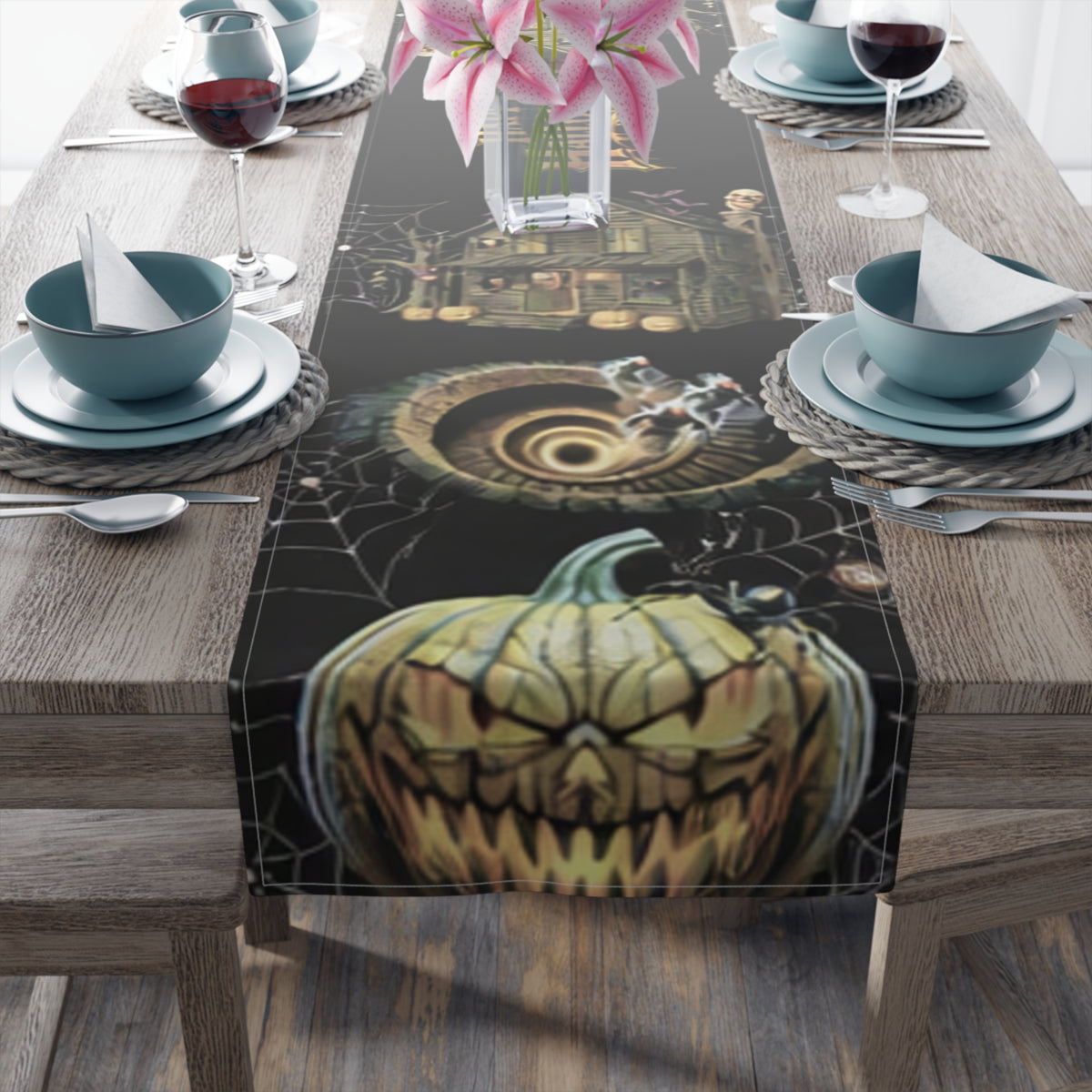 Gothic Haunted House Table Runner | Jack-O'-Lanterns & Cobwebs – Halloween Decor