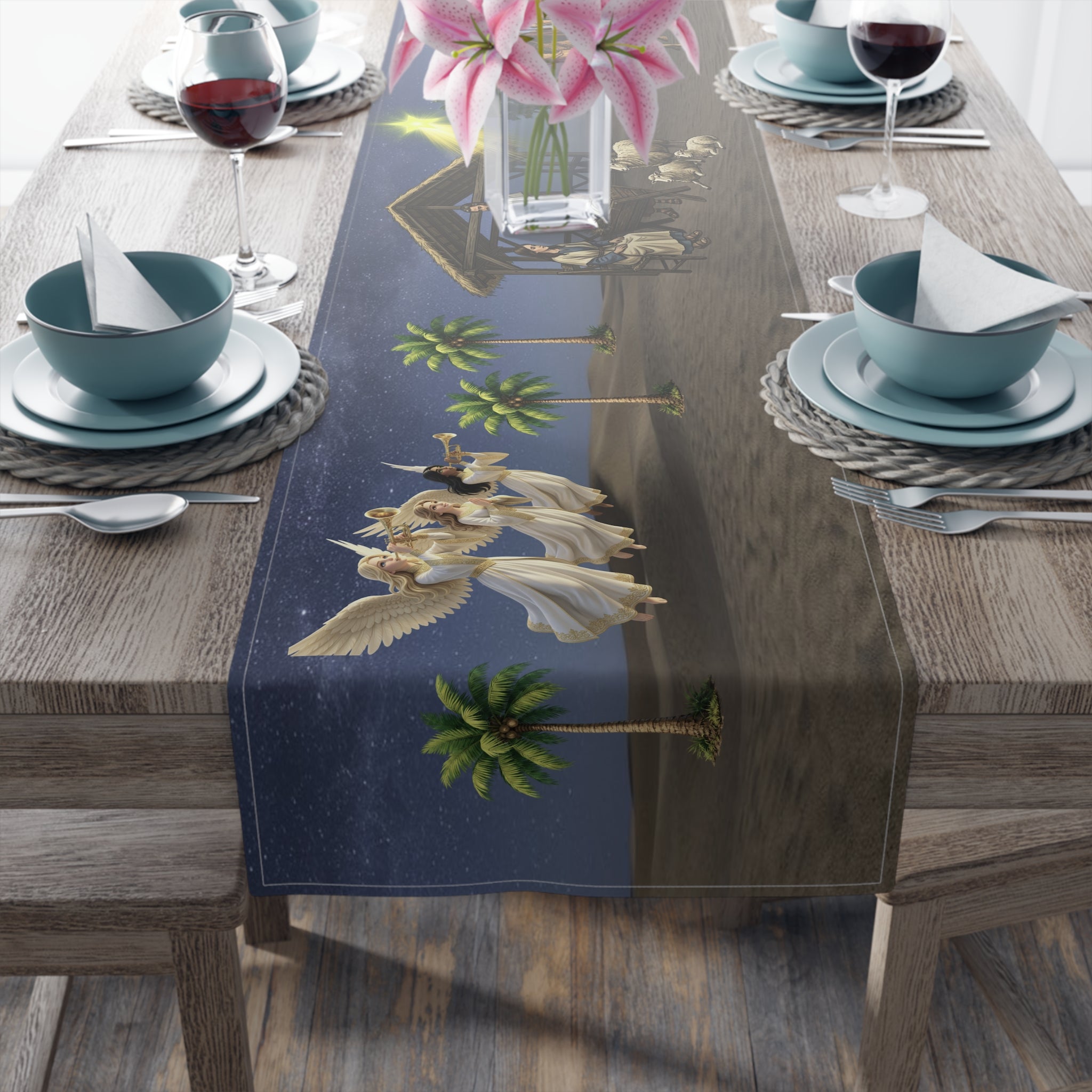 Nativity Scene Table Runner | Christmas Holy Family Angels, Palm Trees