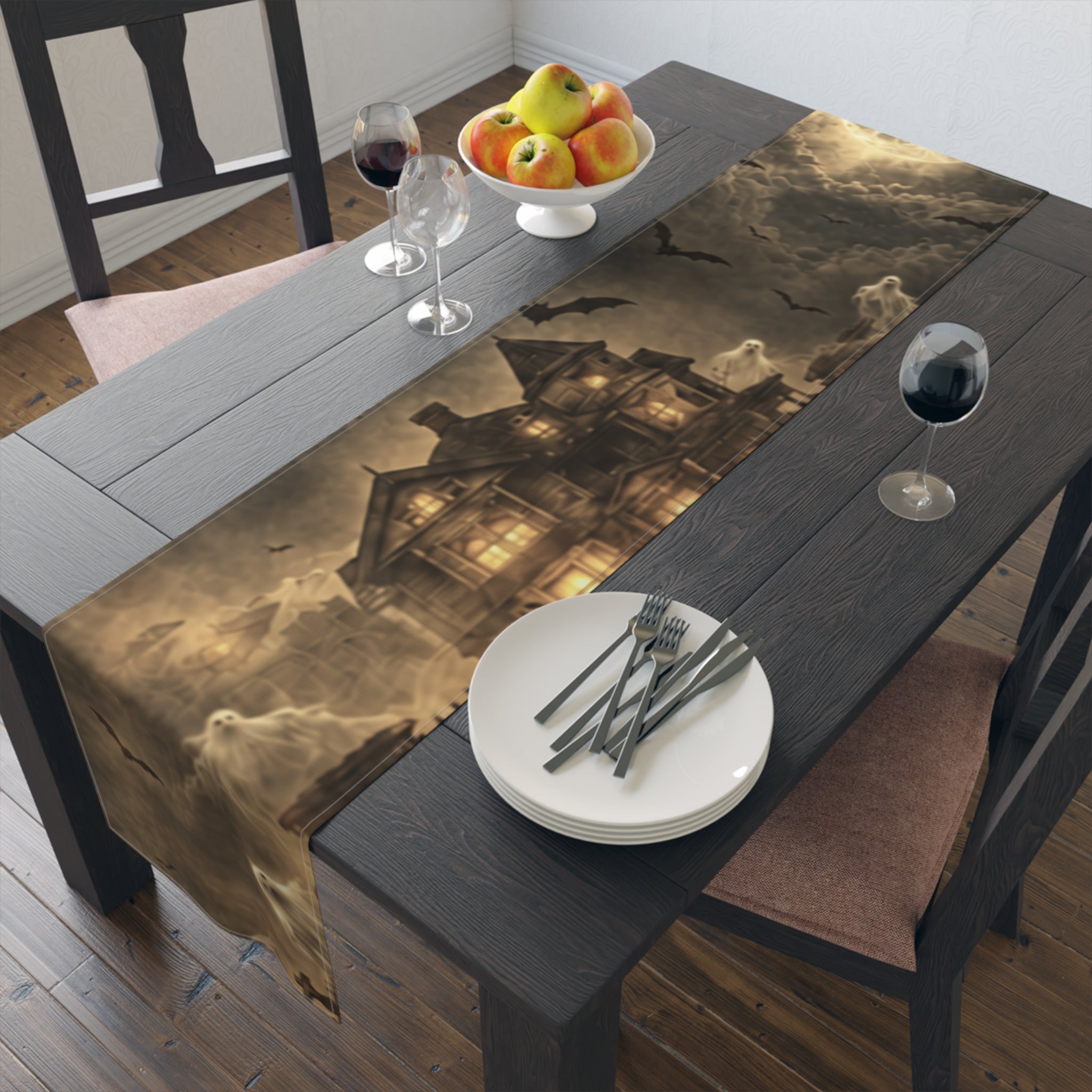 Haunted Victorian House Table Runner | Ghostly Graveyard Halloween