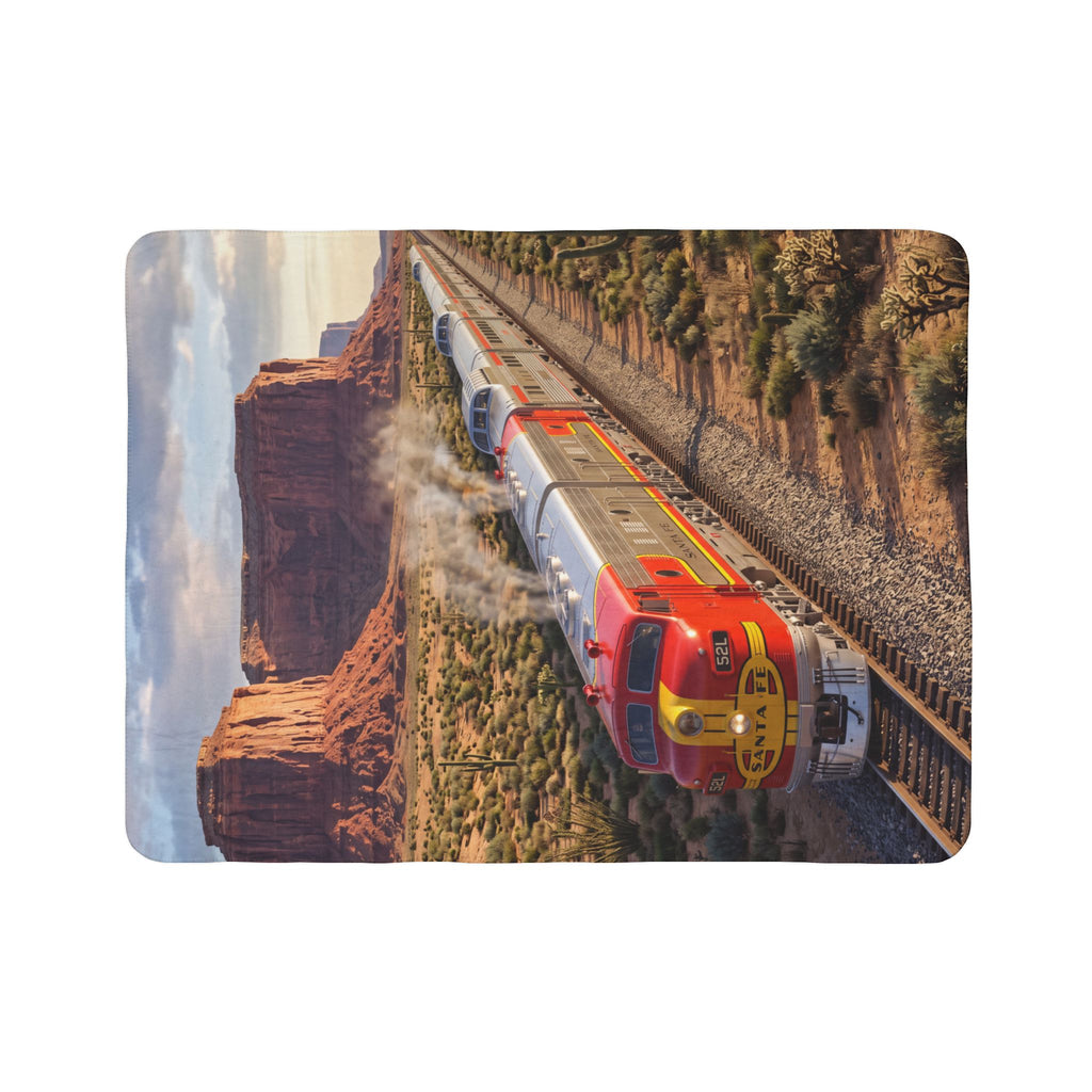 Classic Red Locomotive Fleece Sherpa Blanket | Desert Canyon Train Scene