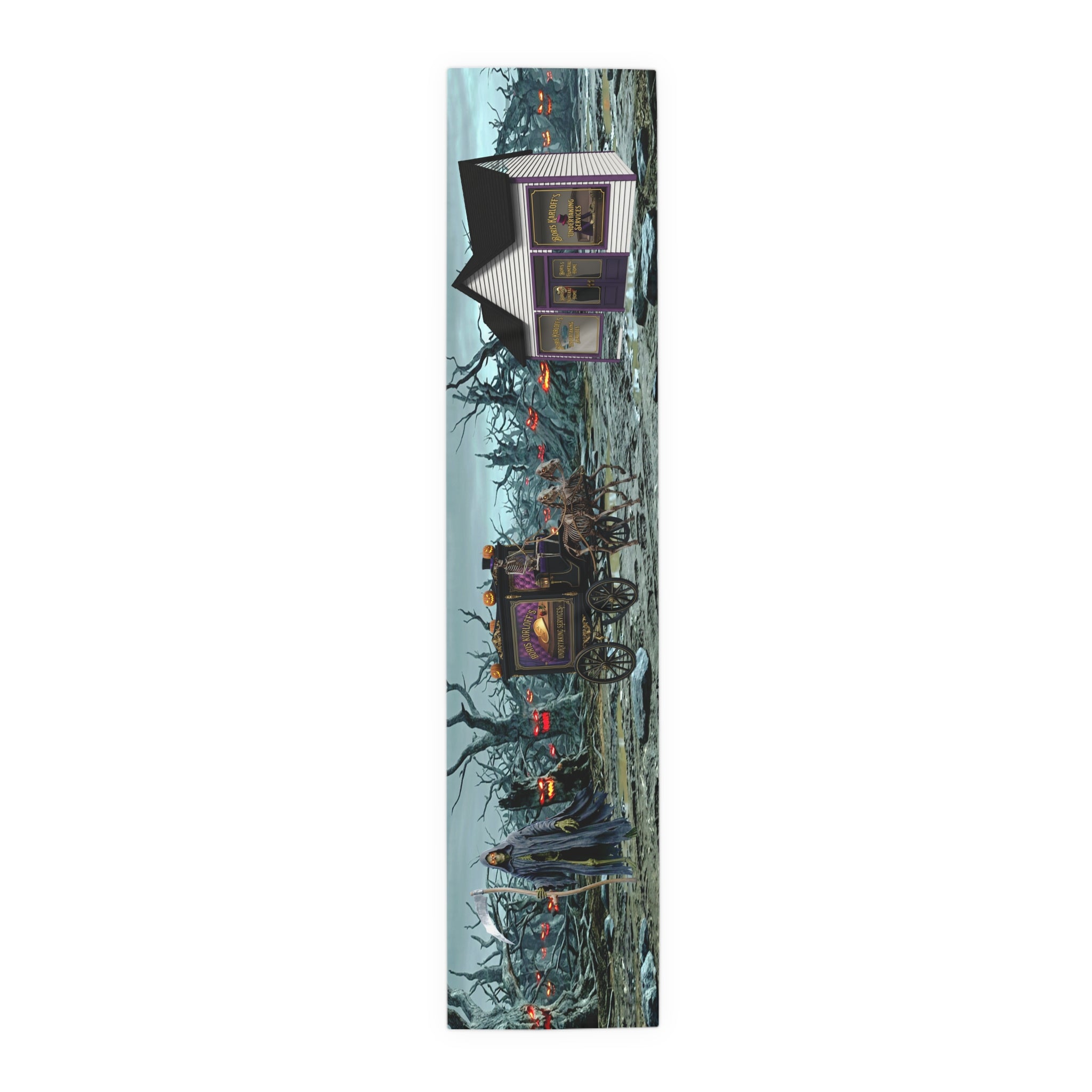 Haunted Hearse Carriage Table Runner | Halloween Spooky Graveyard Scene