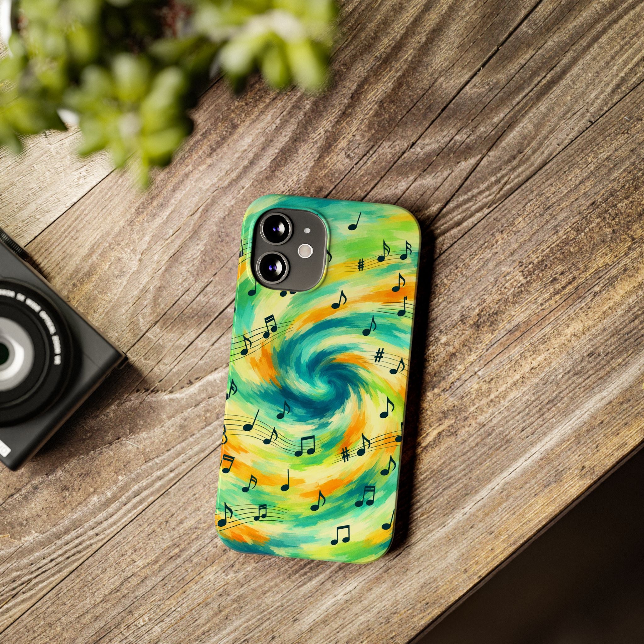 Music Notes Swirl Slim Phone Case | Colorful Turquoise Yellow Galaxy