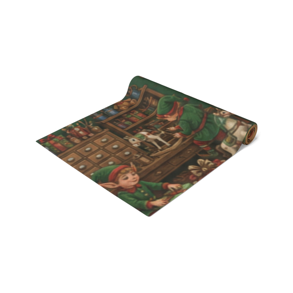 Santas Workshop Scene Table Runner | Santa, Elves & Reindeer Holiday Decor
