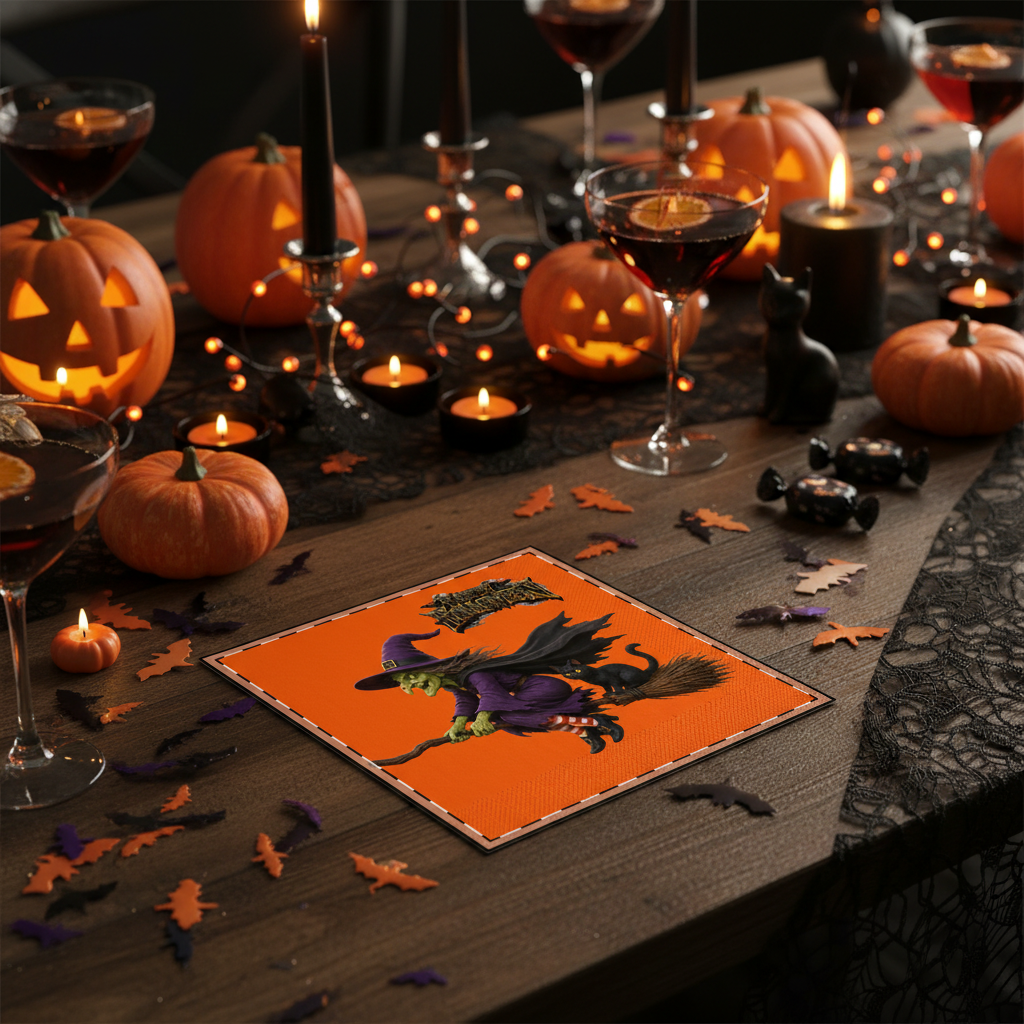 Halloween Witch & Black Cat Napkin Lifestyle