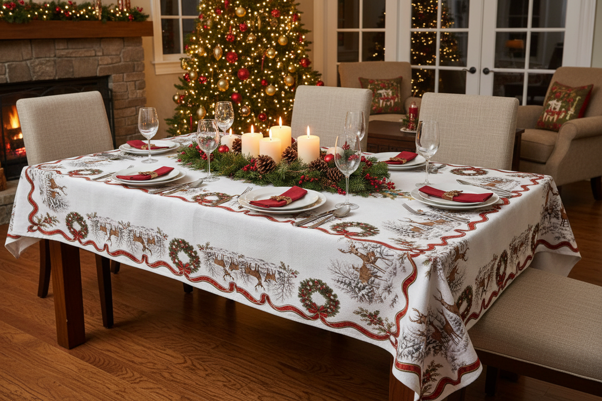 Holiday Wreath Tablecloth - Dinner Setting